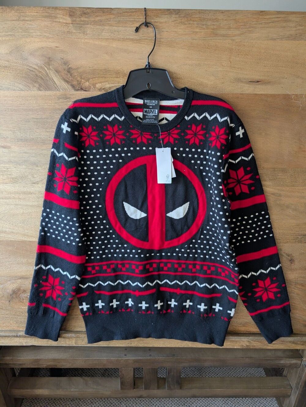 Marvel Deadpool Holiday Sweater Womens XS Black Red Logo Patterned Christmas